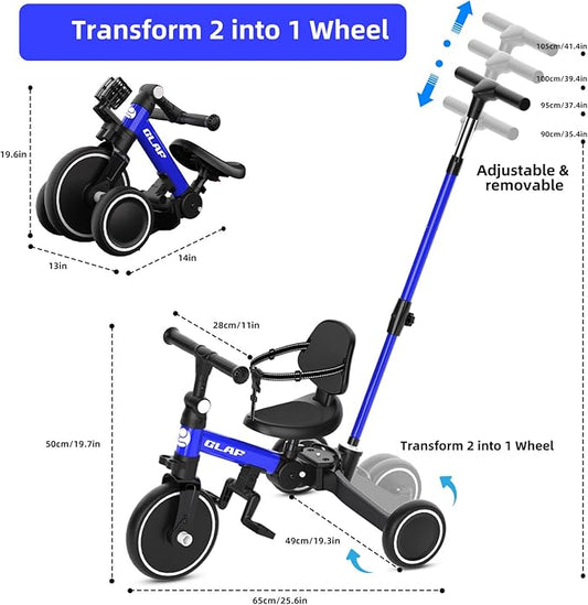 Glaf Tricycle for Toddlers 1-3 Toddler Bike with Push Handle 2-4 Years Baby Bike Toy for 1 Year Old Boys and Girls Balance Bike with Removable Pedal, Backrest, Adjustable Seat, Gifts (Blue)