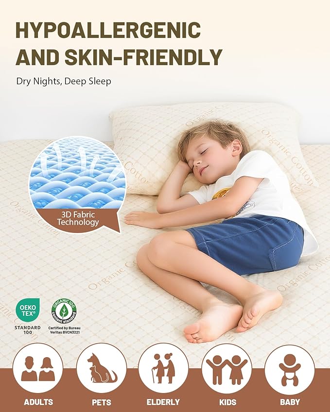 Organic Cotton Mattress Protector Queen Waterproof Mattress Protectors 3D Air Fabric Mattress Cover Breathable Noiseless Protectors Bed Cover for Incontinence Washable with Deep Pocket 60"X80"