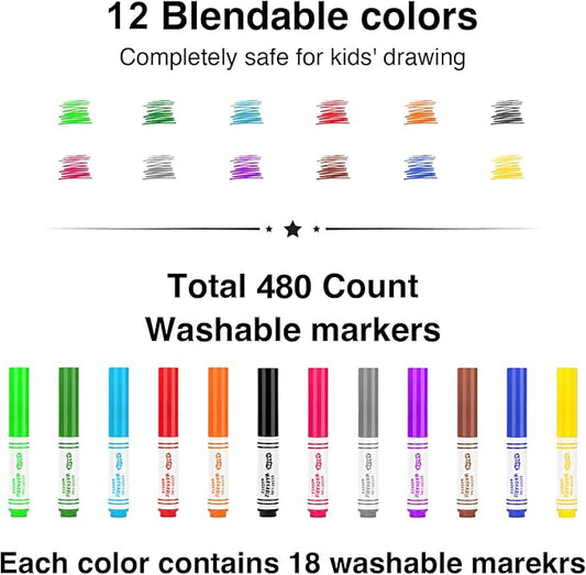 ARLTR Washable Markers Bulk, Bulk Pack, Broad Line Markers with Conical Tips- Perfect for Kids' Classrooms & Teachers (480 Count (12 Colors)