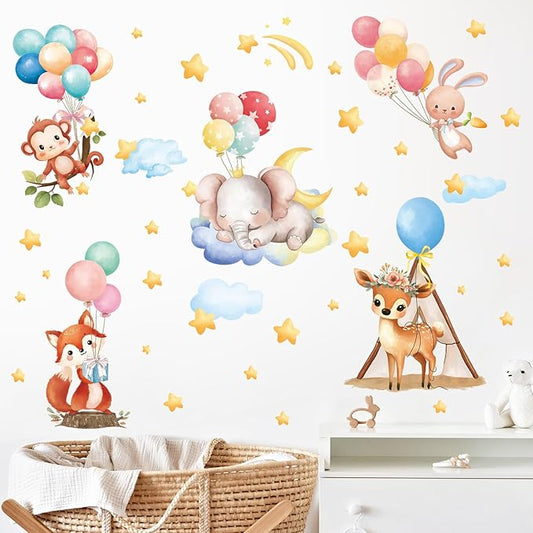 SHUCHING Animal Balloon Wall Decals Peel and Stick, Vinyl Elephant Fox Monkey Wall Sticker, Wall Decor for Girl Nursery Baby Playroom Kids Bedroom