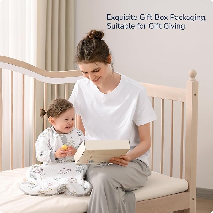 Baby Sleep Sack 3–6 Months, Cotton Sleep Sack with Detachable Long Sleeves, 1.0 TOG Wearable Blanket for Cooler Nights, 2-Way Zipper Toddler Sleeping Sack with Temperature Strip, Hot Air Balloon