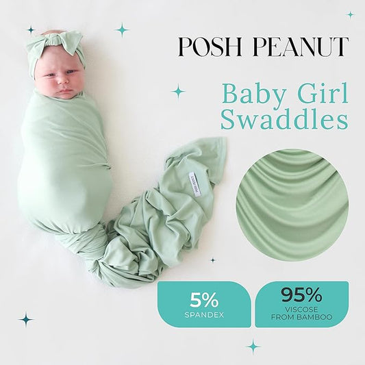 Posh Peanut Swaddle Blanket & Headband Set – Viscose from Bamboo Stretchy Baby Swaddle for Newborn Girls, Receiving Blanket or Nursing Cover (Sage)