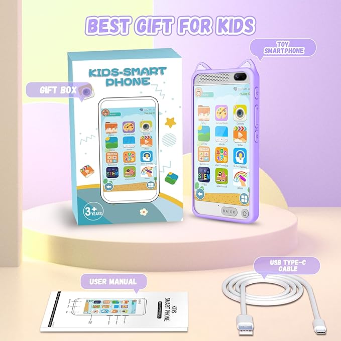 Toys Kids Smartphone, 3.97" Screen Dual Camera Kids Toys Phone with Music Player, 2000mA Toddler Toy Learning Phone with Games, Front Camera, Pretend Play Smartphone(Purple)