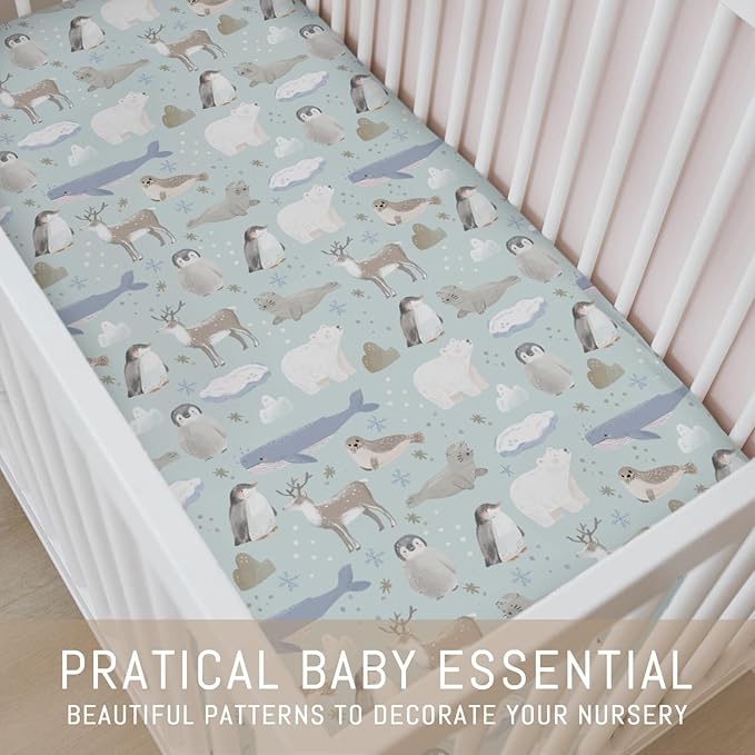 Cute Frosty Arctic Animals Baby Crib Sheets for Boy Girl Bear Penguins Deer Whale Snowflakes Soft Snug Fitted Crib Mattress Covers for 52x28 Standard Crib & Toddler Mattress Snowy Winter Baby Sheets