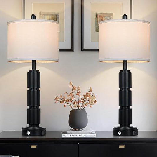 luxeflow Set of 2 Modern Table Lamps for Living Room Bedroom,29" Tall Bedside Lamp with 2 USB Port,Black Metal Touch Nightstand Lamp for Desk End Side Table Entryway,Black