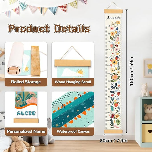 Personalized Painted Flower Insects Growth Chart for Wall Kids, Name Height Chart for Kids, for Nursery & Bedroom, Baby Shower Gift (59" x 7.8")