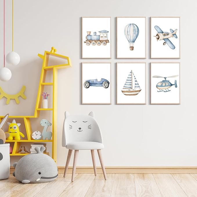 Lhoiplme Baby Boy Nursery Wall Art Transportation Blue Car Canvas Prints Vintage Toddler Vehicle Pictures Decor Hot Air Balloon Airplane Nursery Poster for Kids Boys Room Bedroom 8x10x6 Inch Unframed