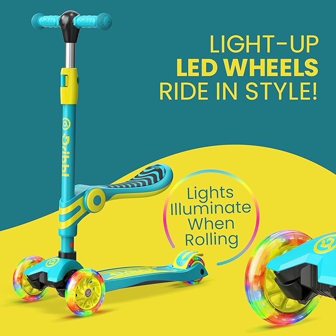 Aqua and Yellow 3 Wheel Scooter with Seat for Kids, Light-Up Wheels, Adjustable Lean to Steer Handlebar and Seat, Smooth Wheels, Wide No-Slip Deck, Rear Foot Brake, Toddler Outdoor Toys for Ages 2+