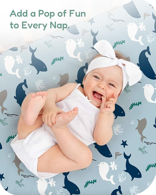 Baby Crib Sheets for Standard Crib Mattress - Navy Whale+Blue, Ultra Soft Jersey Knit, Breathable and Cozy, Fits 28''x52''x9'' Deep Pocket