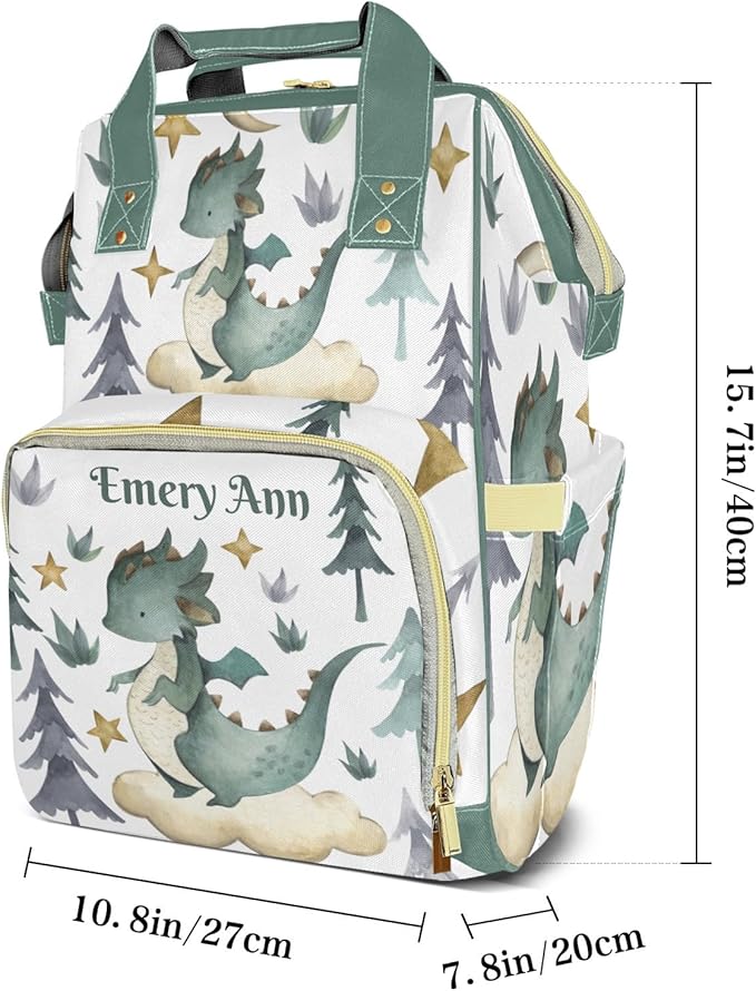 Personalized Cute Dragon Watercolor Custom with Name Diaper Bag Backpack For Baby Boy Girl Dad Mom Unisex for Adult Daypack Holiday Gift