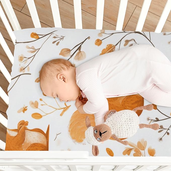 Orange Squirrels and Autumn Leaves Crib Sheets Standard Crib Toddler Mattresses Cover Fitted Baby Bed Sheet Breathable Crib Mattress Sheet for Girls Boys 39''x27''x9''
