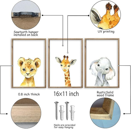Baby Safari Nursery Wall Art Decor 11x16 Inch Set of 3 Wood Framed Cute Animal Giraffe Elephant Lion Prints Sign Kids Boys Girls Room Bedroom Jungle Animal Pictures Wall Hanging (Wood)