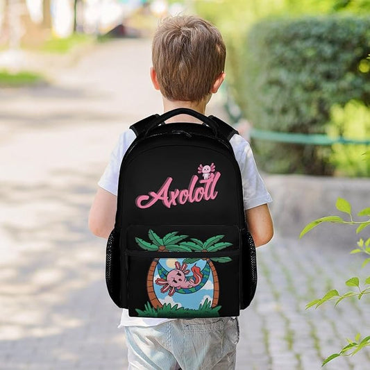 Mercuryelf Axolotl Backpack for Boys Girls, 16 Inch Black Backpacks for School Travel, Cute Lightweight Bookbag for Kids