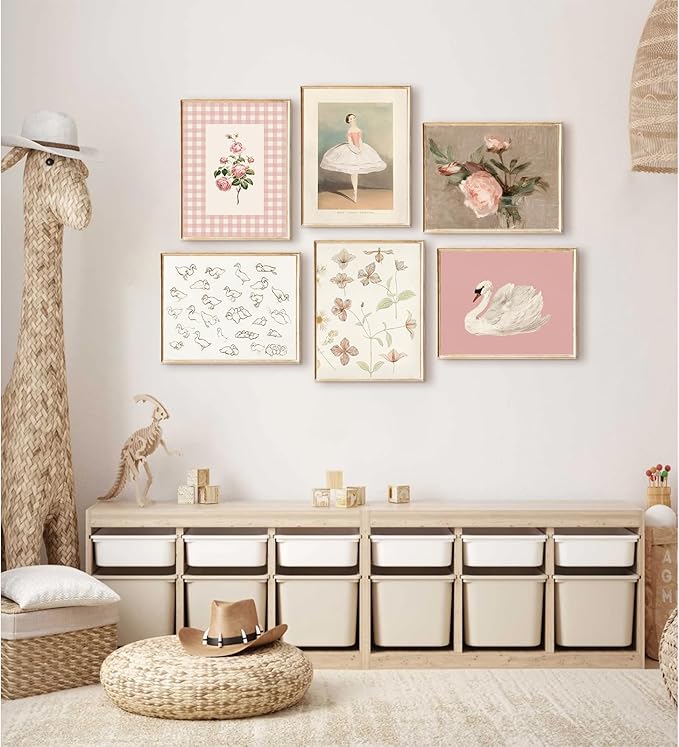 Nursery Pink Wall Art Decor Baby Girl Room Prints Vintage Nursery Floral Canvas Wall Decor Preppy Room Pictures Pink Swan Flower Paintings Artwork for Girls Bedroom 8x10 Inch Unframed Set of 6