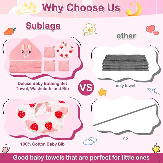 5 Pcs Baby Towels Set, 32x32 in Hooded Bath Towel, 3 Pcs Baby Washcloths and Muslin Baby Bibs for Newborns, Toddlers, and Kids, Baby Towels and Washcloths Set for Boys and Girls (Pink Rabbit)