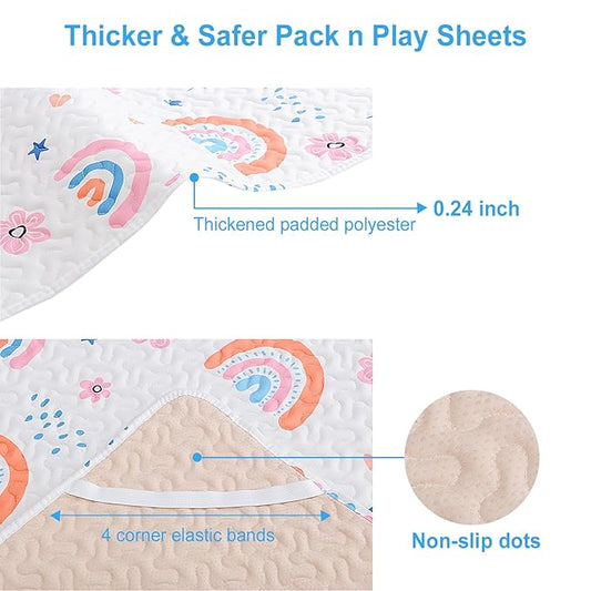 Quilted Pack n Play Sheet Fitted, Breathable Thick Pad for Pack and Play Mattress, Pack and Play Mattress Sheet fits Graco, Portable Mini Cribs, Play Yards, Padded Playpen Protector Cover