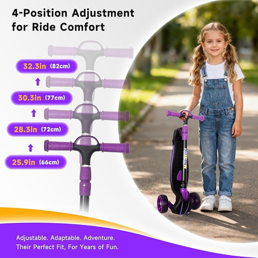 Nattork Kids Scooter for Age 3-8, Toddler Scooter with 4 Adjustable Height for Boys & Girls, Light Up 3-Wheels Foldable Kick Scooter, Lean to Steer, 120LB Weight Capacity
