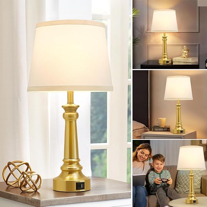 EJIAXIN Touch Lamps for Nightstand Set of 2 - Gold Table Lamp for Bedroom Dimmable Bedside Lamps with USB C+A Ports - Lamps for Night Stands Living Room End Table,2 LED Bulbs Included