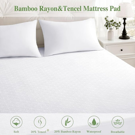 California King Mattress Protector, Waterproof Mattress Pad Washable Rayon Mattress Cover Breathable Noiseless Bed Protector 3D Patterns 5" - 21'' Elastic Fitted Deep Pocket(White)
