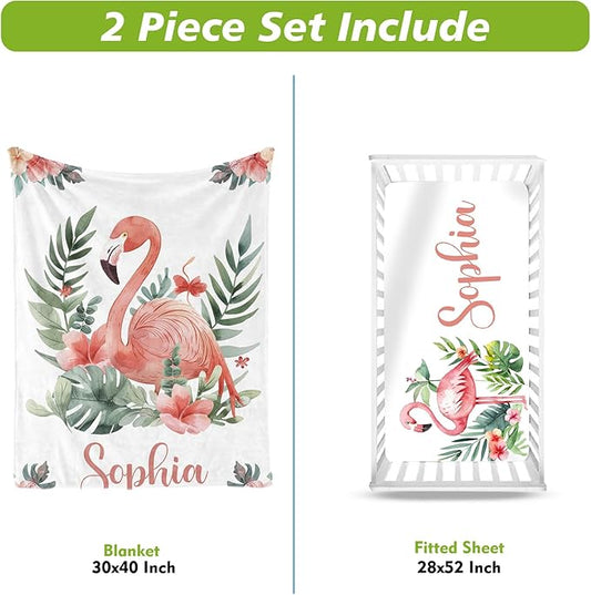 Personalized Baby Crib Bedding Set, Custom Name Flamingo Design Baby Bedding 2-Pcs Set-Soft Double Layer Dotted Blanket and Fitted Sheet, Nursery Bedding for Newborn Boys Girls, Perfect Shower Gift