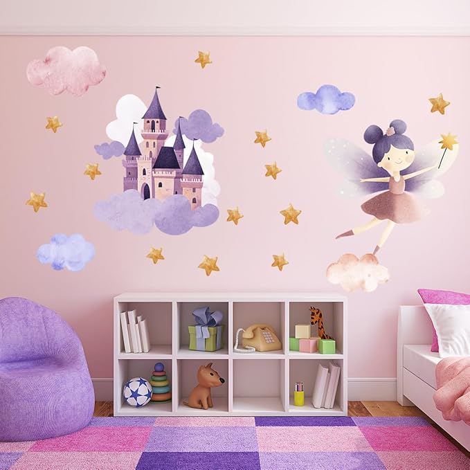 Flower Fairy Wall Decal,Butterfly Fairy Stars Wall Stickers,Cartoon Princess Butterfly Girls Decal,Removable Vinyl for Girls Bedroom Baby Nursery Kids Room Wall Decor. (Fairy Castle Wall Stickers)