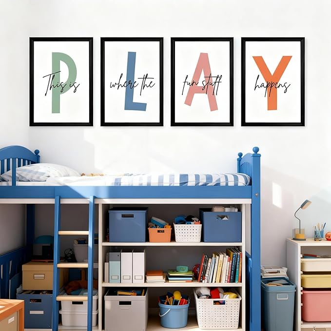 Cute Alphabet Play Framed Wall Art Set of 3, Natural Educational Alphabet Wooden Sign for Baby Girl Kid Boy Toddlers, Black Boho Preschool English Letters Nursery Decor for Homeschool Playroom