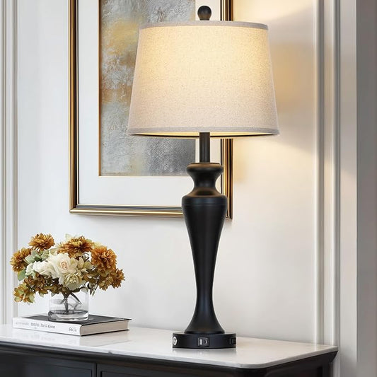 luxeflow 30 Inch Black Table Lamp Single, 3-Way Dimmable Touch Control Living Room Lamps with USB A+C Ports and AC Outlet, Tall Bedside Lamps for Nightstand, Modern Metal Bedroom Lamp, Bulb Included