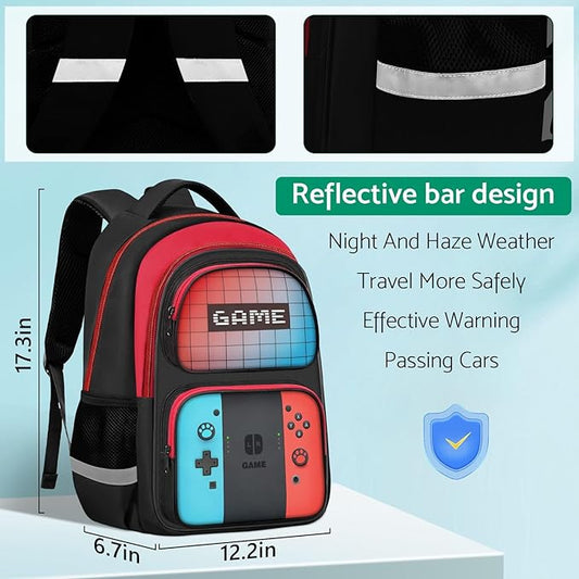 JIRAIKEI Kids Backpack For Boys,Gamer Boys Backpack For Children Teens Elementary Middle School, 17″ Students Bookbag