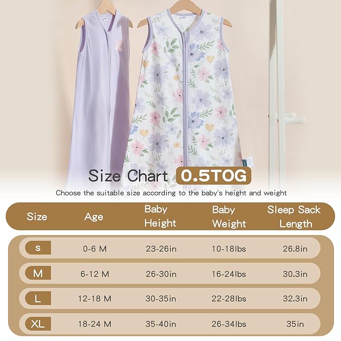 TILLYOU 2 Pack Baby Sleep Sack 12-18 Months 100% Cotton Wearable Blanket 0.5 TOG Sleeveless Summer Sleep Sacks with 2-Way Zipper, Brilliant Little Flowers and Purple