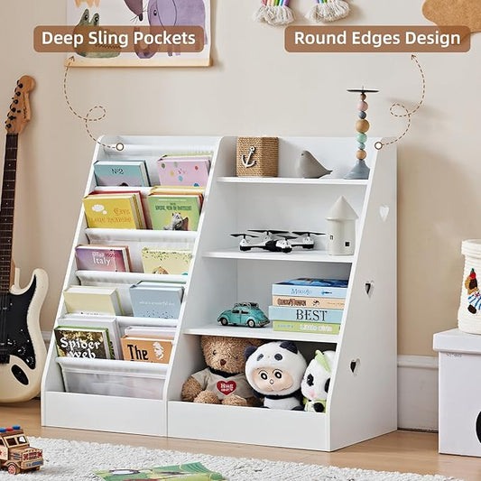 Lerliuo 4 Tier Kids Bookshelf and Storage Organizer, Five Layer Sling Children Bookcase, Baby Toddler Wooden Book Shelf, Display Cabinet for Playroom, Bedroom, Classroom, Nursery, School (White)