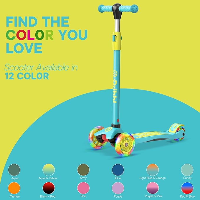 Dribbl 3-Wheel Kids Scooter - Lean-to-Steer Technology, Adjustable Height Handlebar, Wide Deck, Scooter for Boys & Girls Ages 3+, Child Safety Approved, Support Riders Up to 165 lbs, Aqua and Yellow