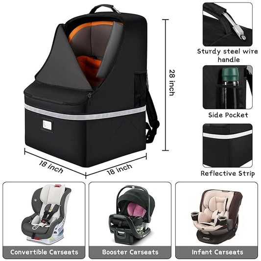 Car Seat Travel Bag,Padded Car Seats Backpack with Steel Cable Handle and Reflective Stripes, Large Durable Carseat Carrier Bag,Airport Gate Check Bag,Infant Seat Travel Bag with Shoulder Strap,Black