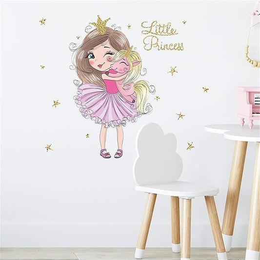 ROFARSO Colorful Cute Lovely Little Princess Hugging Baby Unicorn Wall Stickers for Kids Peel and Stick Removable Wall Decals DIY Decorations Decor for Nursery Baby Girls Bedroom Playroom Living Room