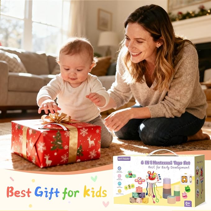 Christmas Stocking Stuffers 6 in 1 Montessori Toys for Babies 6-12 Months, Infant Sensory Pull String Toy, Fidget Spinners Soft Baby Blocks & Stacking Cups for Toddlers 1-3, Baby Gifts for 1 Year Old