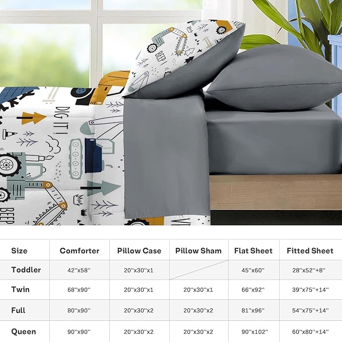 Nesker 4 Pcs Comforter Set Toddler Size, Construction Vehicles Bedding for Kids Teen, Cargo Crane Bulldozer Excavator Bed Sheet with Pillowcase & Sham