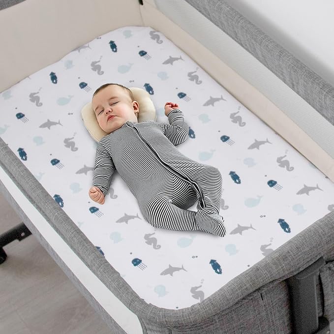 Bassinet Fitted Sheets 4 Pack Compatible with 35" x 20" AMKE 3 in 1 Baby Bassinet, Ezebaby, Bellababy and GoFirst Bedside Sleeper, Ultra Soft and Skin-Friendly, Aqua Dinosaurs & White Ocean