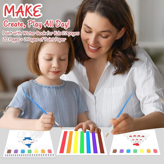 Paint with Water Coloring Books for Toddlers, Watercolor Painting Book and Drawing Art Paper for Kids Ages 3 4 5 6 7 8 Years Old, Happy Birthday Art Craft for Drawing with Brush