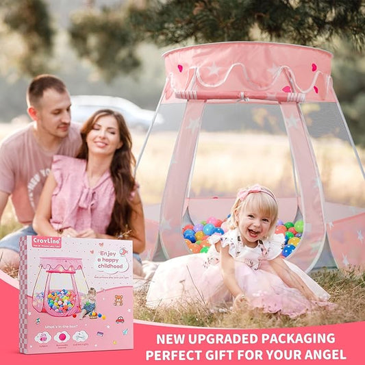 Pop Up Princess Tent with Star Light, Toys for 1 2 3 Year Old Girl Birthday Gift, Ball Pit for 12-18 Months Baby Girl Toys, Toddler Gifts, Easy to Pop Up and Assemble (Pink Gray)