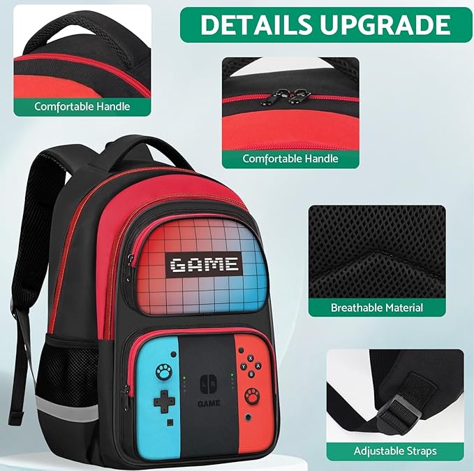 JIRAIKEI Kids Backpack For Boys,Gamer Boys Backpack For Children Teens Elementary Middle School, 17″ Students Bookbag