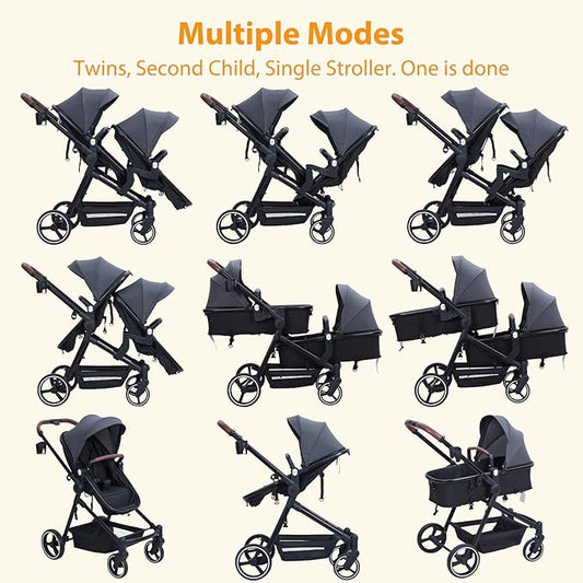 Tandem Double Stroller Newborn and Toddler, Foldable Twin Stroller with Reversible Seat, 5-Point Safety Harness, Adjustable Backrest & Canopy, Storage Basket, Dark Grey