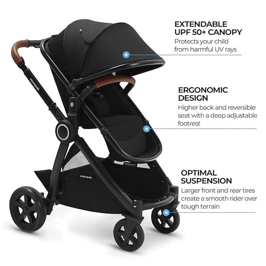 Mompush Ultimate2 Baby Stroller, Premium Convertible Full-Size Stroller for Toddler, Reversible Seat with One Hand Recline Adjustment, Car Seat Adapter Included