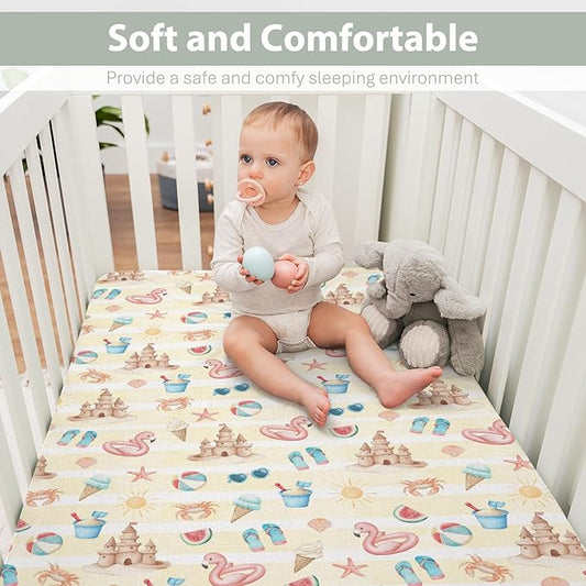 Summer Beach Seaside Baby Crib Sheets for Boy Girl 52x28Inch Ice Cream Sand Flamingo Sun Soft Snug Fitted Crib Mattress Cover Boho Travel Vacation Baby Sheet for Standard Crib & Toddler Bed Mattress