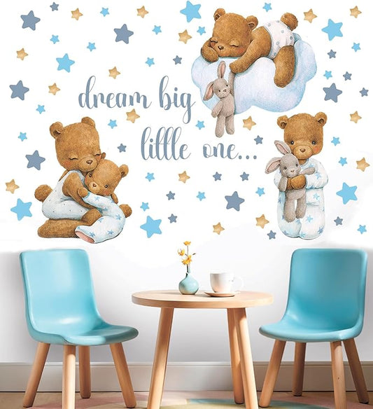 Bear Wall Decals, Baby Boy Room, Teddy Wall Decor, Animal Stickers for Kids Playroom, Toddler Bedroom and Nursery Decoration, Removable Vinyl Decals, Peel and Stick, Easy to Apply