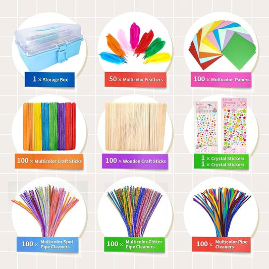 kortes Jumbo Art and Craft Supplies for Kids, Toddler DIY Craft Art Supply Set Included Pipe Cleaners, Pom Poms, Feather, Folding Storage Box - All in One for Craft DIY Art Supplies, Light Blue