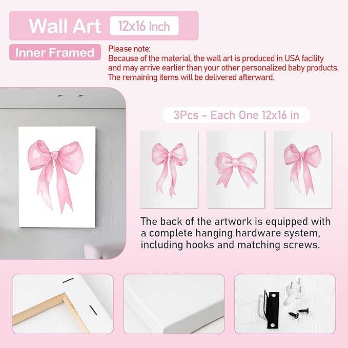 Personalized Baby Crib Bedding Set – Custom Name 4 Pcs Pink Bow Nursery Set with Minky Blanket, Fitted Sheet, Pad Cover & Rug, Soft Bedding for Girls, Ideal Shower Gift for Baby, New Parents