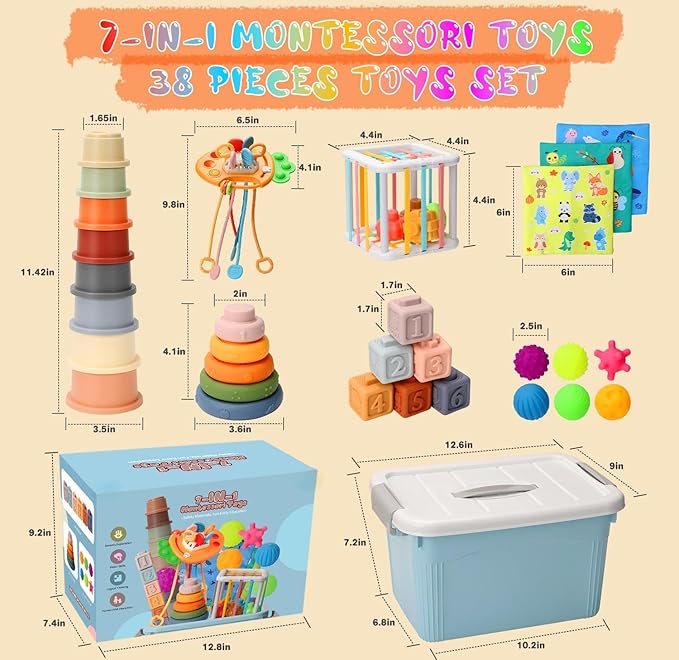 Baby Toys 6 to12 Months, 7 in-1 Montessori Toy for 6-9-12-18 Month Old with Pull String Toy, Sensory Bin Toys, Stacking Baby Blocks & Soft Infant Ring & Sensory Ball, Stacking Cups for Toddler 1-3Gift