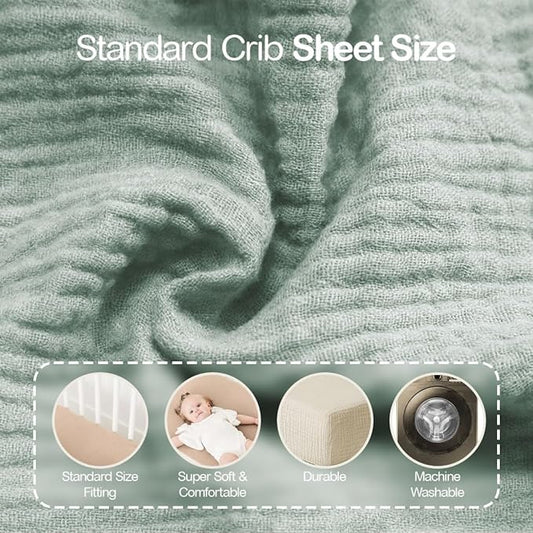 Mère & Moi Muslin Fitted Crib Sheets – 100% Cotton, Ultra-Soft & Breathable Baby Bedding for Standard Crib & Toddler Mattress (28” x 52”) - 2 Pack (Green and Cream)