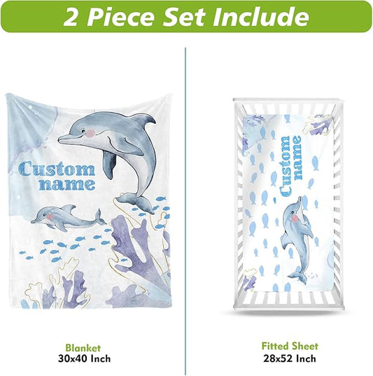 Personalized Baby Crib Bedding Set, Custom Name Blue Dolphin Baby Bedding 2-Pcs Set - Soft Double Layer Dotted Blanket and Fitted Sheet, Nursery Bedding for Newborn Boys Girls, Perfect Shower Gift