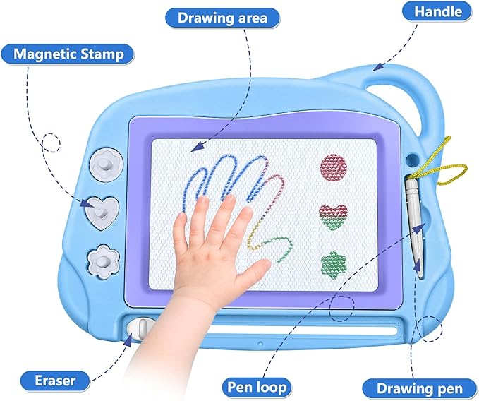 AiTuiTui Magnetic Drawing Board Mini Travel Doodle, Erasable Writing Sketch Colorful Pad Area Educational Learning Toy for Kid/Toddlers/Babies with 3 Stamps and 1 Pen (Sky Blue)