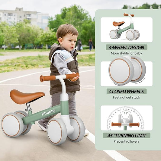 Baby Balance Bike for 1 2 Years Old Boys Girls, 4 Wheels Toddler Bike with Adjustable Seat, 12-24 Months Kids First Birthday Toy Gift